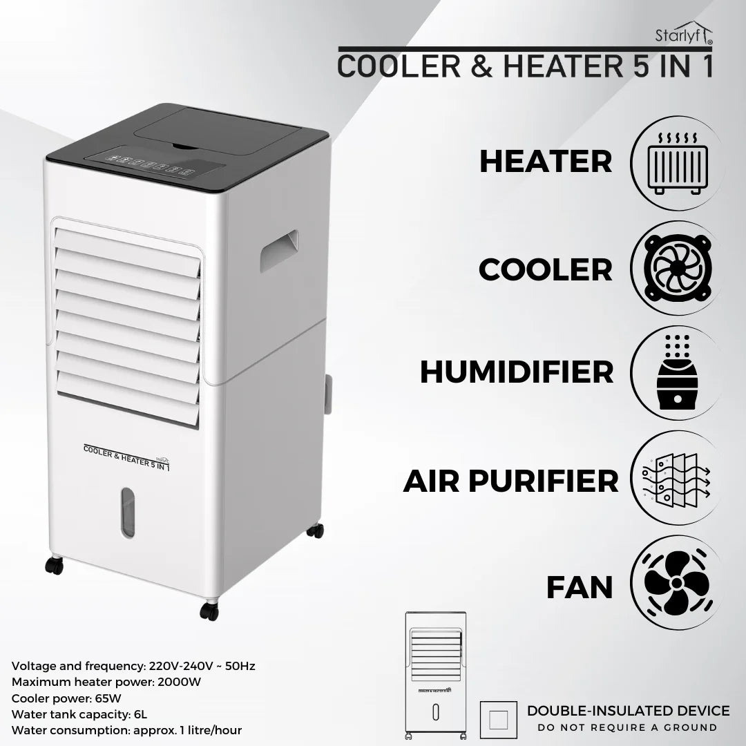 Starlyf Cooler & Heater 5 in 1, portable air conditioner and purifier with 2000W heating, 6L water tank, 3 speeds, remote control, and timer for year-round comfort. Ideal for cooling and heating any room efficiently. Solmar