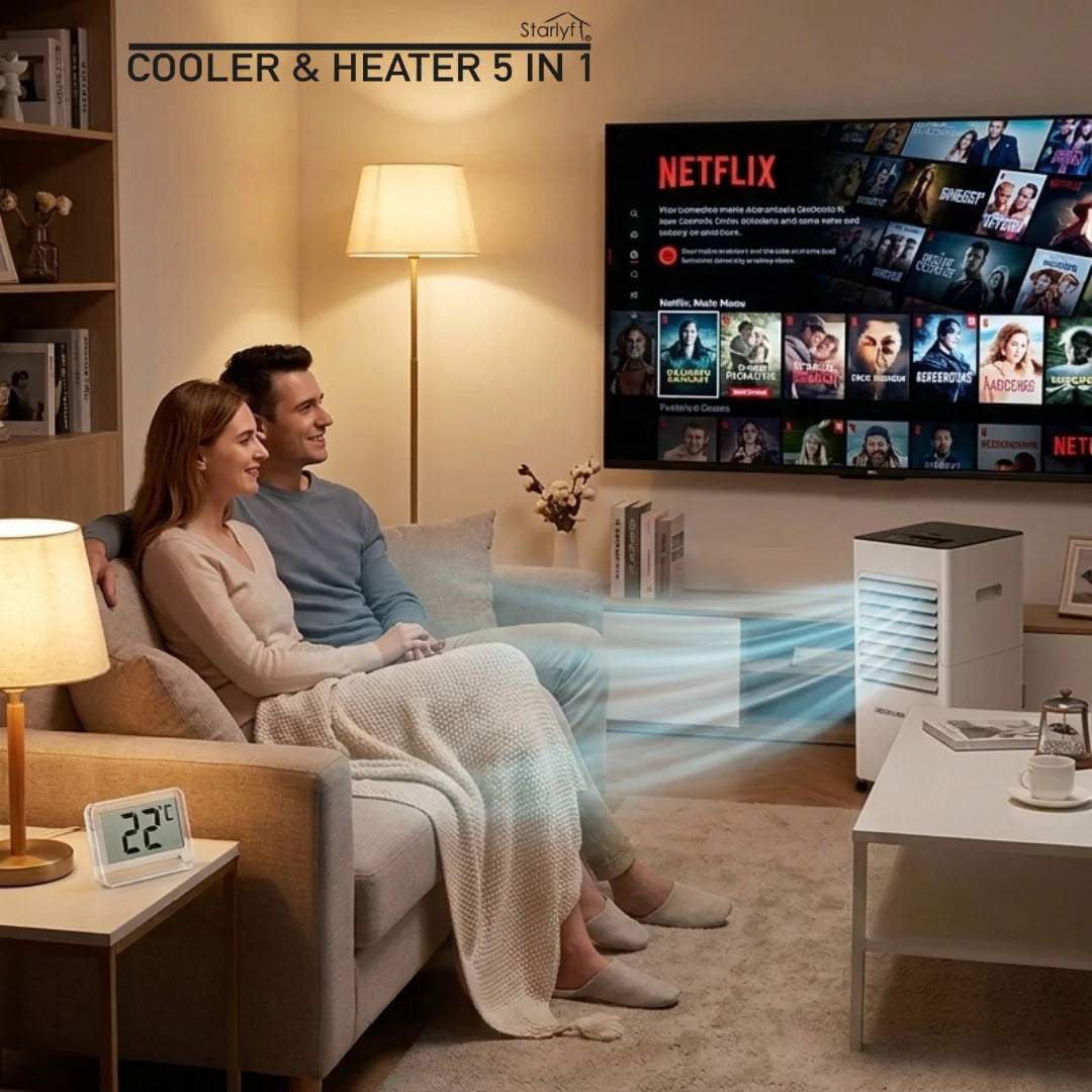 Starlyf Cooler & Heater 5 in 1, portable air conditioner and purifier with 2000W heating, 6L water tank, 3 speeds, remote control, and timer for year-round comfort. Ideal for cooling and heating any room efficiently. Solmar