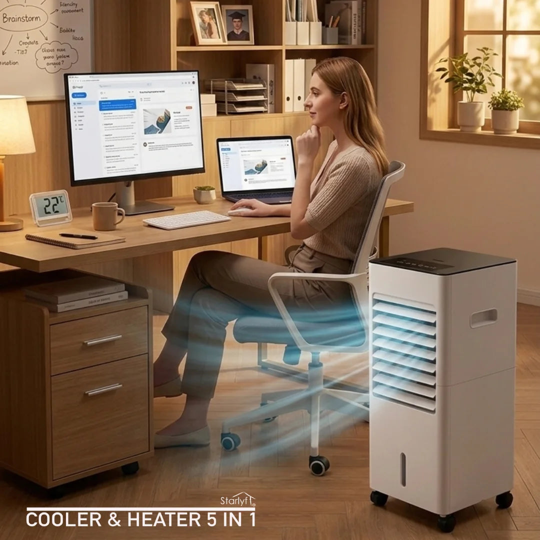 Starlyf Cooler & Heater 5 in 1, portable air conditioner and purifier with 2000W heating, 6L water tank, 3 speeds, remote control, and timer for year-round comfort. Ideal for cooling and heating any room efficiently. Solmar