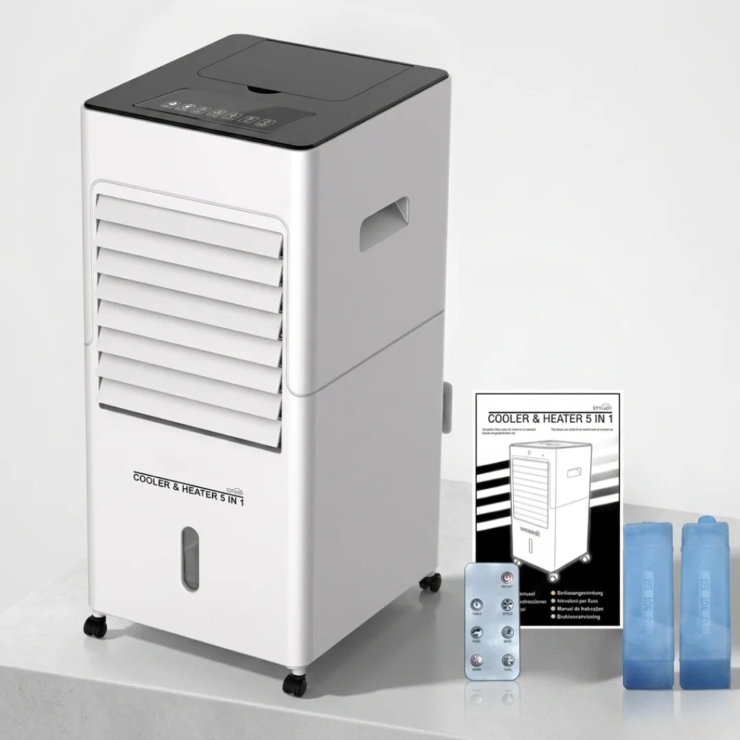 Starlyf Cooler & Heater 5 in 1, portable air conditioner and purifier with 2000W heating, 6L water tank, 3 speeds, remote control, and timer for year-round comfort. Ideal for cooling and heating any room efficiently. Solmar