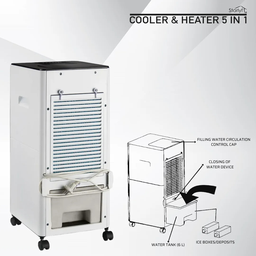 Starlyf Cooler & Heater 5 in 1, portable air conditioner and purifier with 2000W heating, 6L water tank, 3 speeds, remote control, and timer for year-round comfort. Ideal for cooling and heating any room efficiently. Solmar