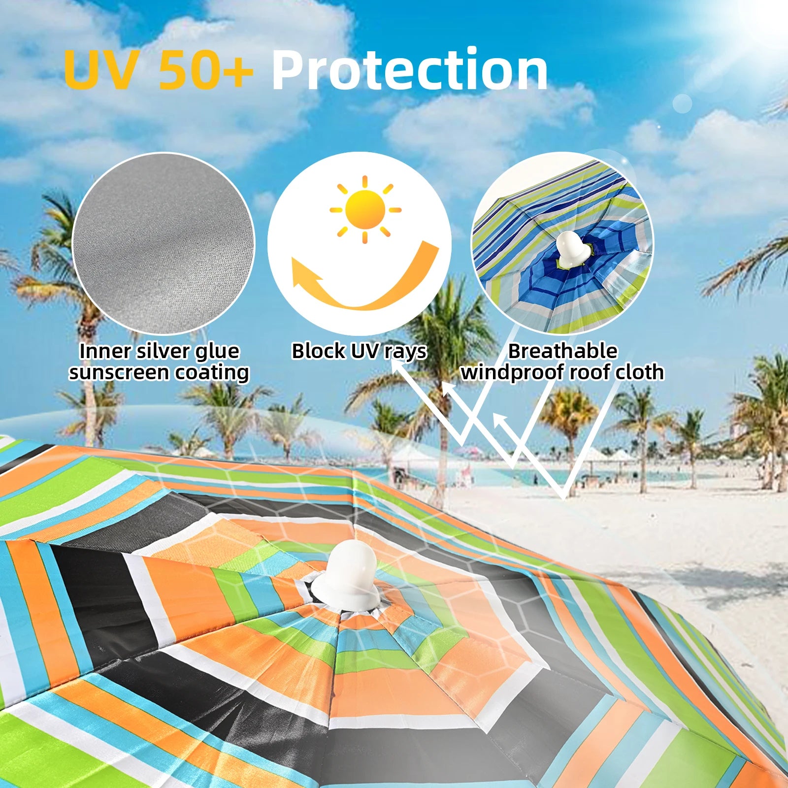 S7 STAR Multicolor Beach Umbrella, large and lightweight with UV 50 protection, ideal for outdoor use, perfect for beach and garden settings. Solmar