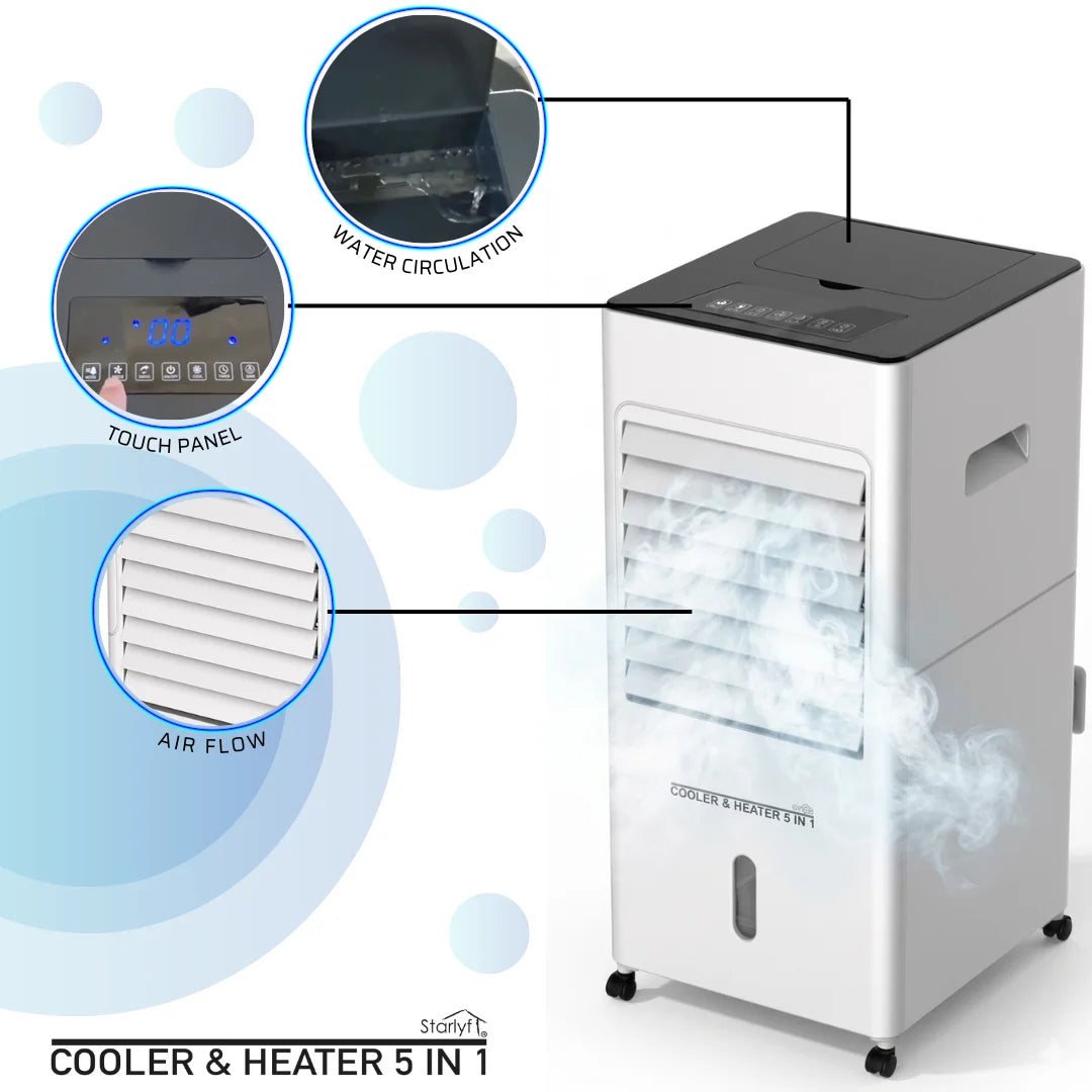 Starlyf Cooler & Heater 5 in 1, portable air conditioner and purifier with 2000W heating, 6L water tank, 3 speeds, remote control, and timer for year-round comfort. Ideal for cooling and heating any room efficiently. Solmar