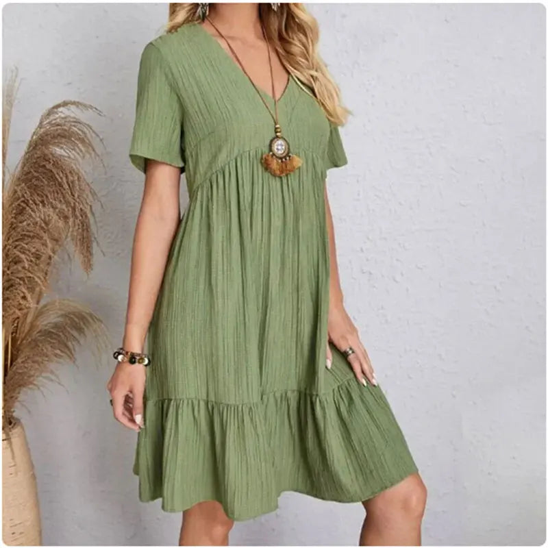 Women Summer Peplum Dresses Spring V-Neck Short Sleeve Loose Waist Ruffle Fit Flare Vocation Dresses Solmar