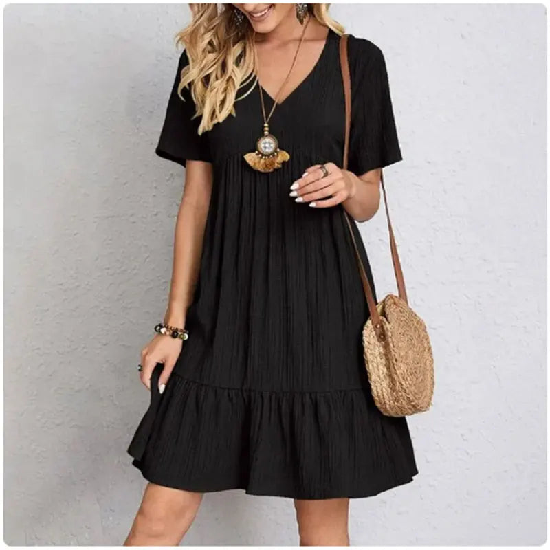 Women Summer Peplum Dresses Spring V-Neck Short Sleeve Loose Waist Ruffle Fit Flare Vocation Dresses Solmar