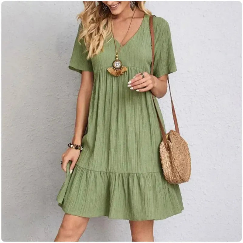 Women Summer Peplum Dresses Spring V-Neck Short Sleeve Loose Waist Ruffle Fit Flare Vocation Dresses Solmar