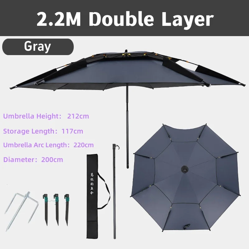 2.2M Double-Layer Fold Parasol Fishing Rod Fishing Umbrella Outdoor Camping Beach Parasol Windproof Umbrella Shade Fishing tools Solmar