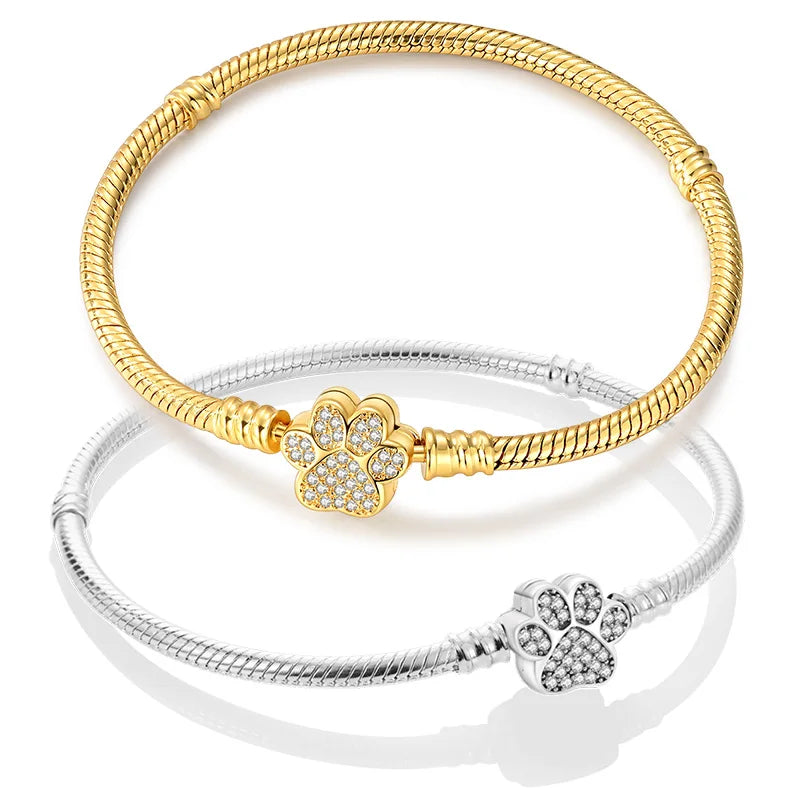 Original 925 Sterling Silver Golden Pet Paw Zircon 17-20 CM Bracelet Fit Original Charms Bead Pendant For Women DIY Jewelry Gift Solmar