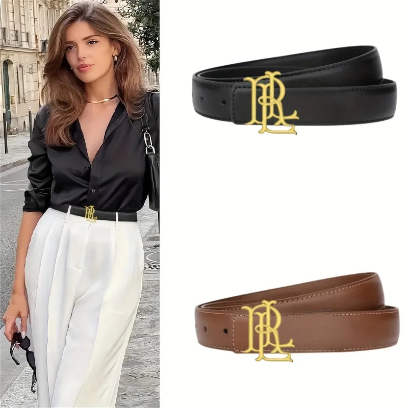 Women’s Elegant Gold Letter Belt - A luxurious brown-black belt with a gold buckle. Suitable for casual to formal outfits, an al Solmar