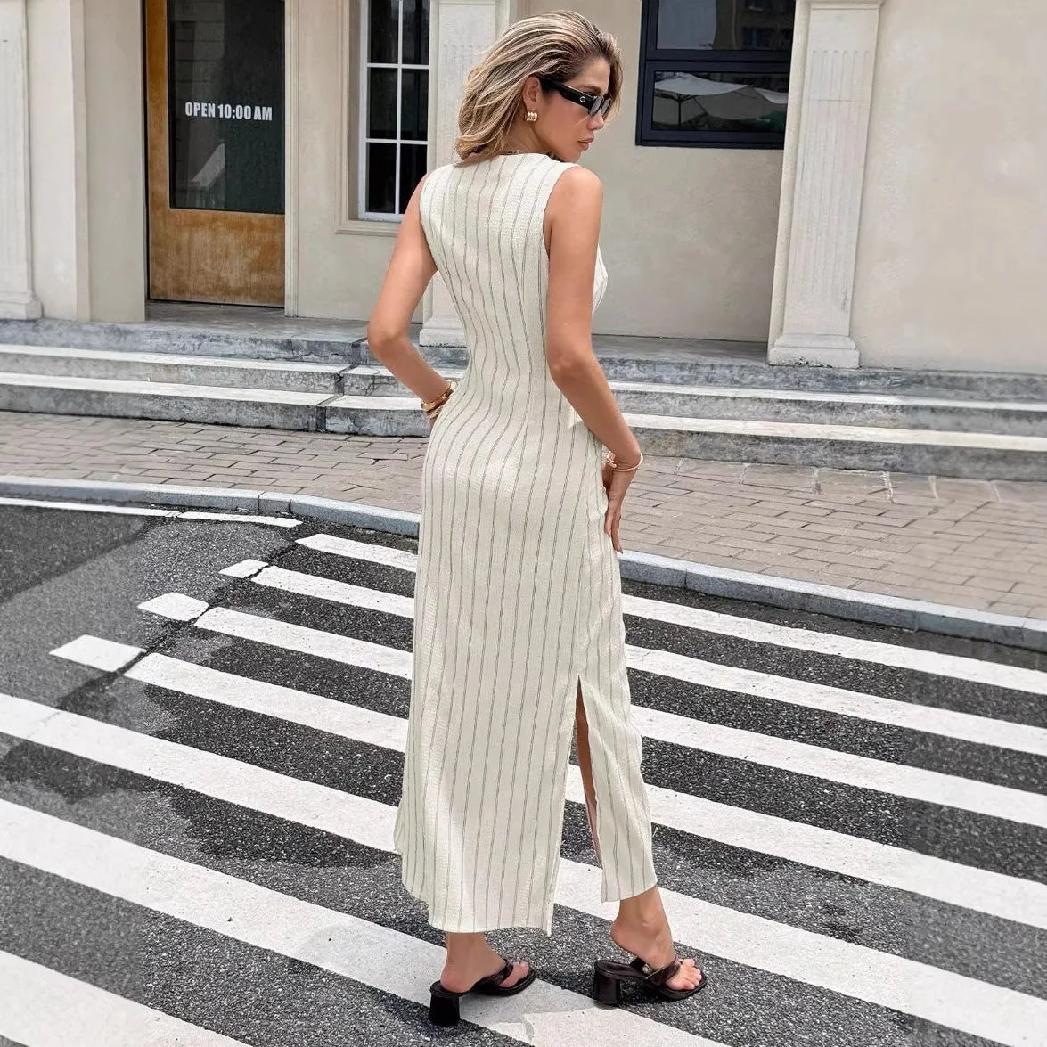 Women's White Striped  Midi Dress Fashion Sleeveless V Neck Button Front Split Hem Casual Summer Beach Vacation Bodycon Dress Solmar