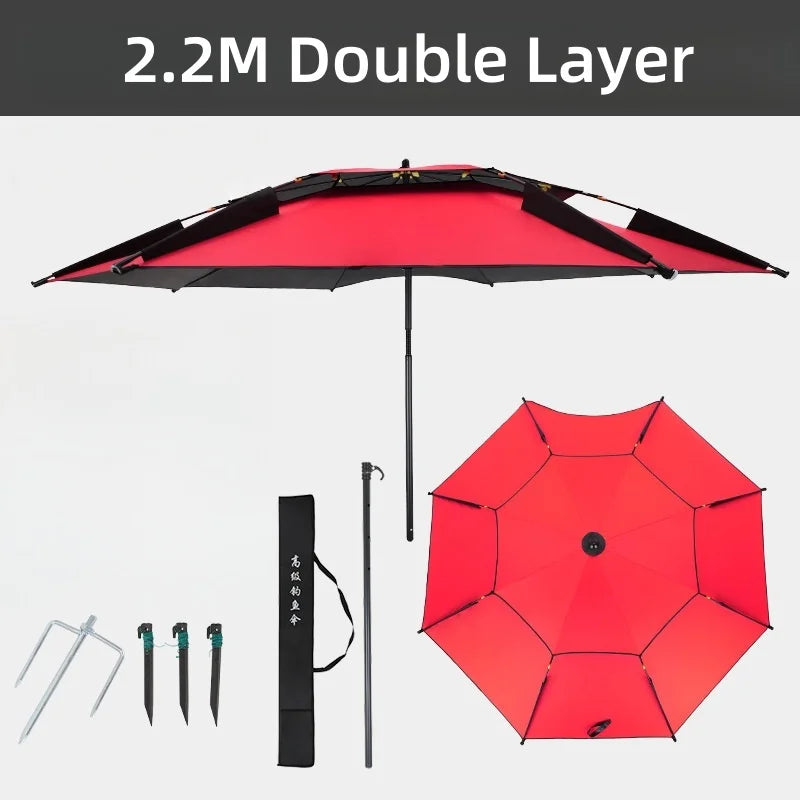 2.2M Double-Layer Fold Parasol Fishing Rod Fishing Umbrella Outdoor Camping Beach Parasol Windproof Umbrella Shade Fishing tools Solmar