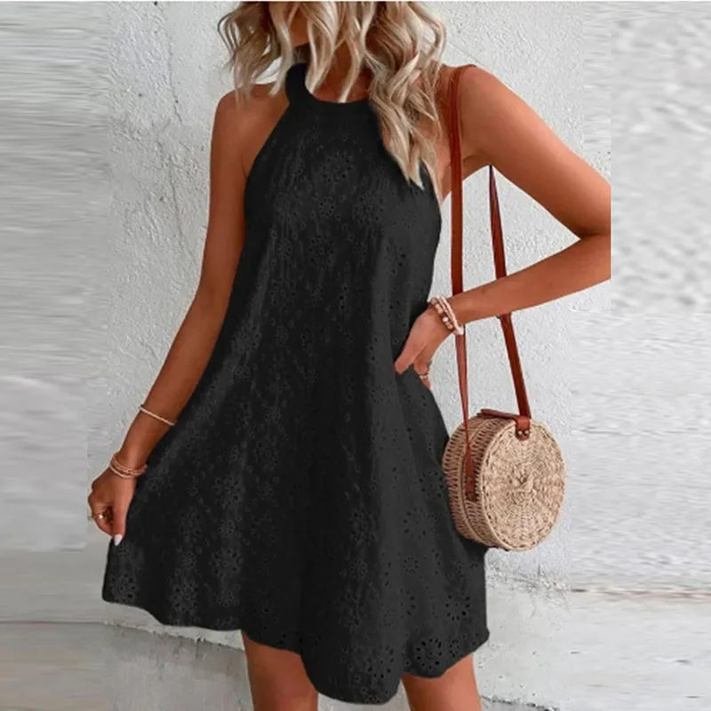 Summer Mini Dress Women Sleeveless O Neck Jacquard Design Casual Beach Holiday Dresses For Women Party Dress White Solmar