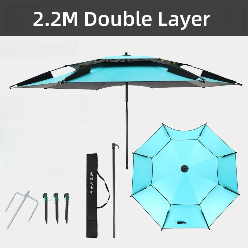 2.2M Double-Layer Fold Parasol Fishing Rod Fishing Umbrella Outdoor Camping Beach Parasol Windproof Umbrella Shade Fishing tools Solmar