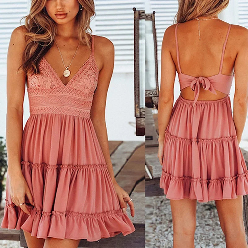 Sexy Lace Dresses Women Spaghetti Strap White Dress Summer Beach Mini Party Dress A-line V-neck Bohe Open Back Pleated Dress Solmar