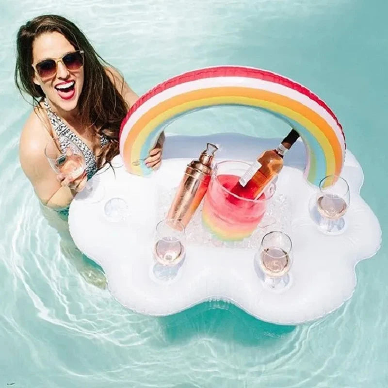 Summer Rainbow Inflatable Toys Beer Drinking Cooler Table Bar Tray Beach Swimming Pool Party Float Inflatable Ring Water Toy Solmar