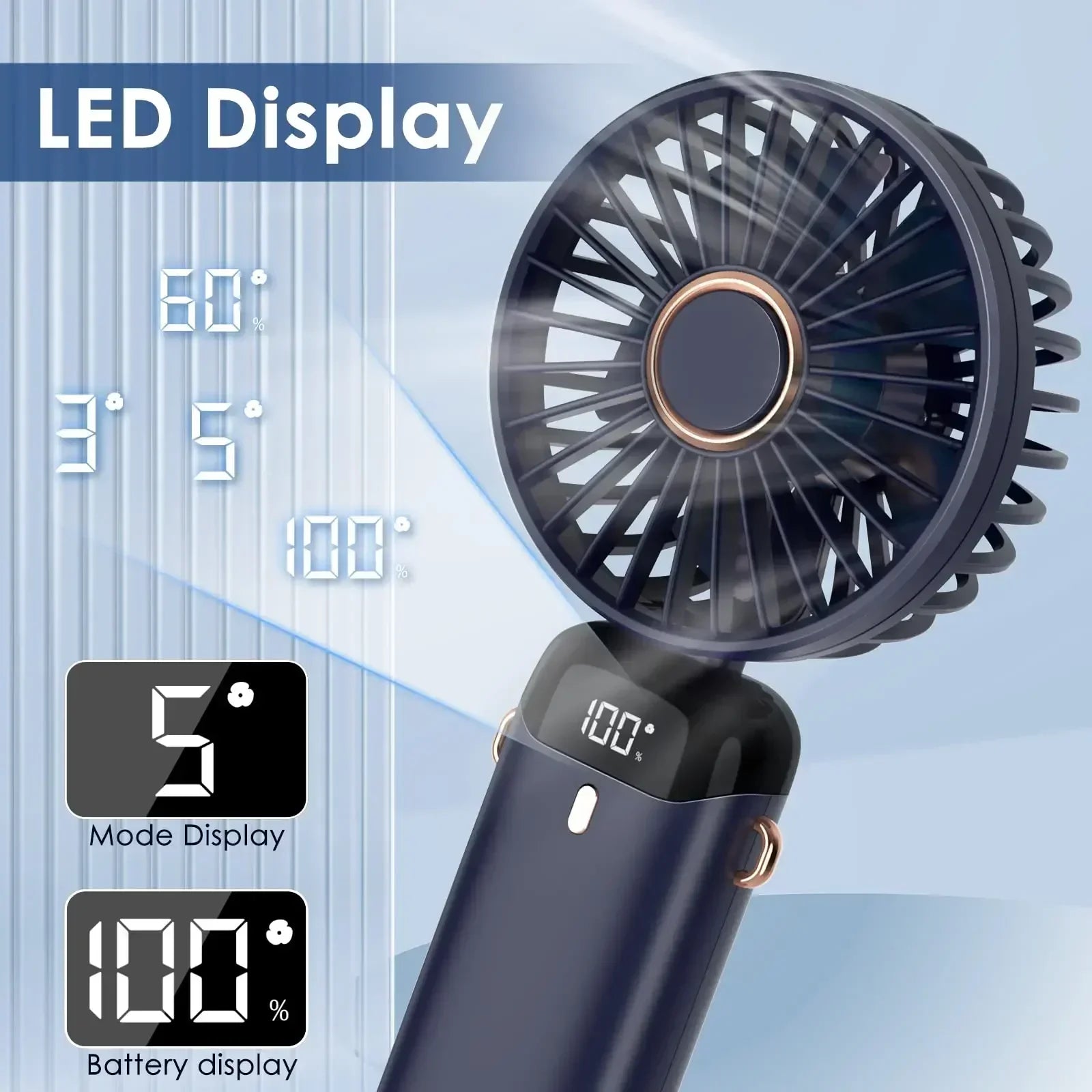 5000mAh Portable Fan Rechargeable 90° Foldable 5 Speed Mini Air Conditioner Small Fan Air Cooler with LED Digital Display Solmar