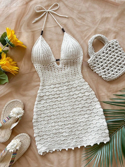Women's V-Neck Strapless Dress, Hollow Out, Wooden Bead, Slim Fit, Gradient Color, Knitted, Sexy, Vacation Wear Solmar