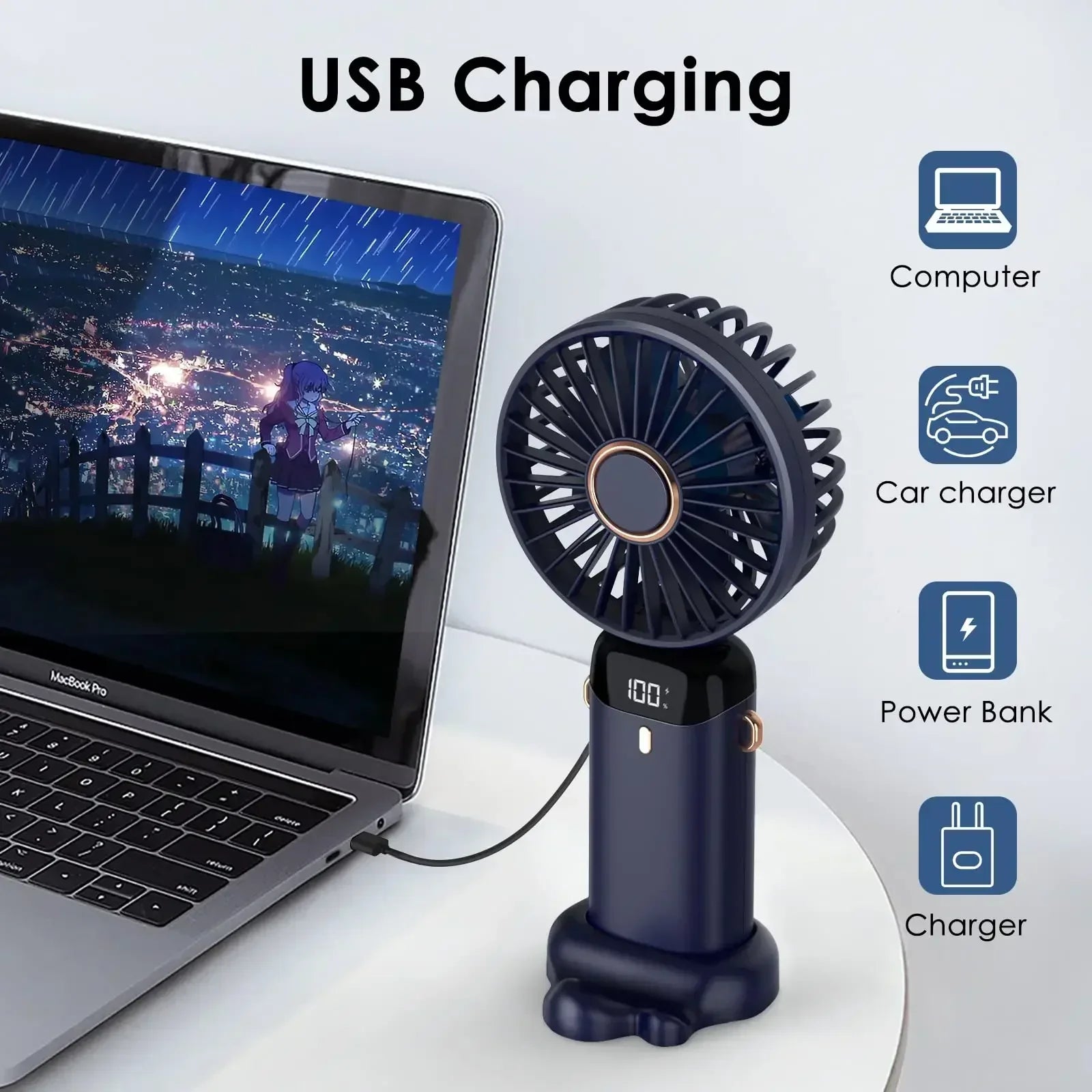 5000mAh Portable Fan Rechargeable 90° Foldable 5 Speed Mini Air Conditioner Small Fan Air Cooler with LED Digital Display Solmar