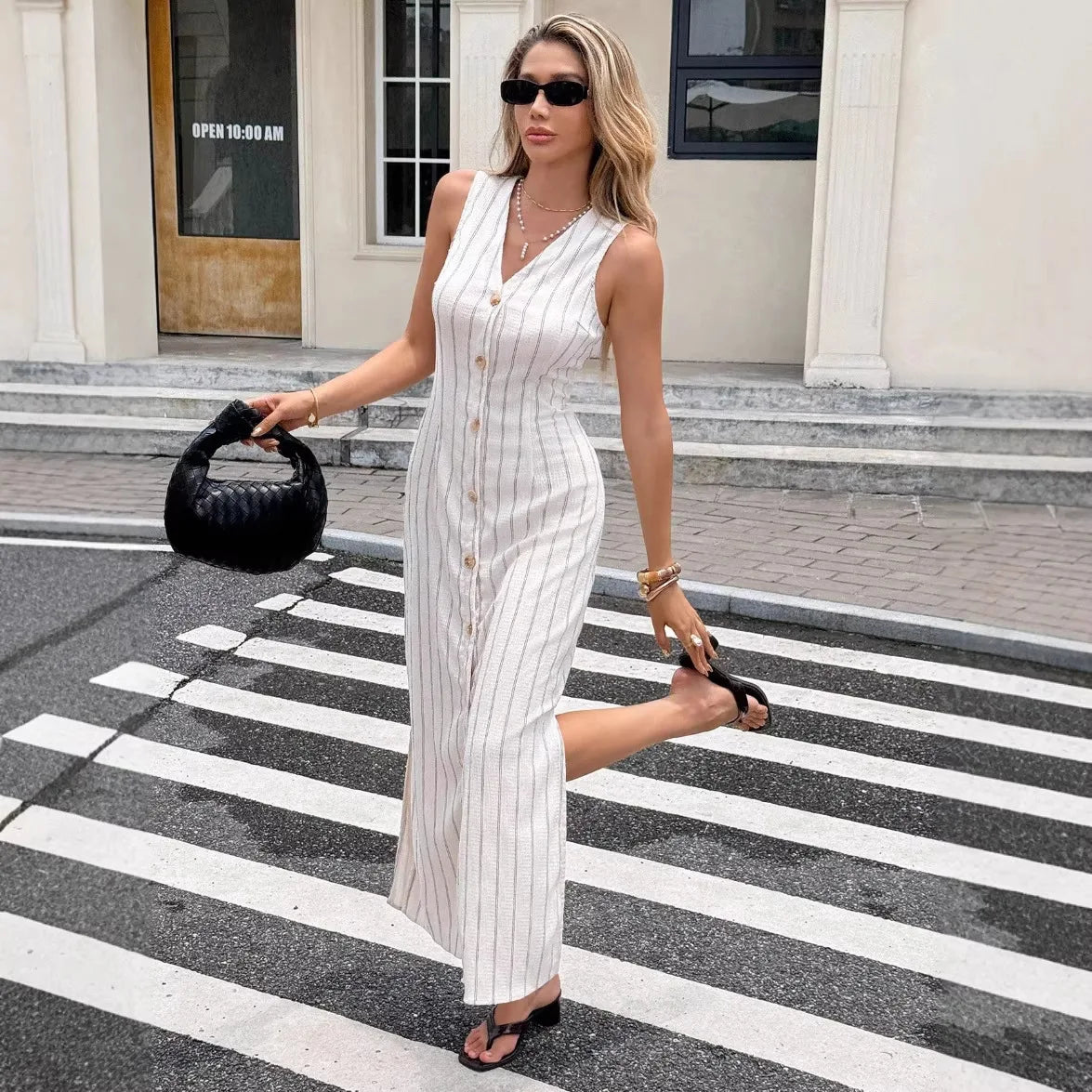 Women's White Striped  Midi Dress Fashion Sleeveless V Neck Button Front Split Hem Casual Summer Beach Vacation Bodycon Dress Solmar