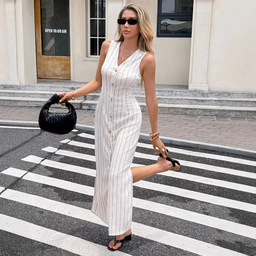 Women's White Striped  Midi Dress Fashion Sleeveless V Neck Button Front Split Hem Casual Summer Beach Vacation Bodycon Dress Solmar