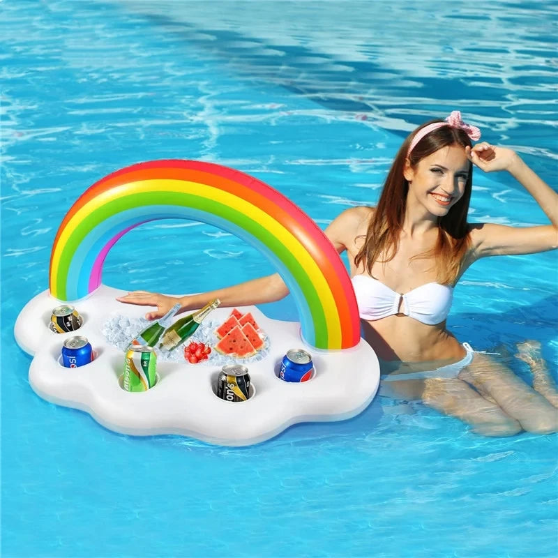 Summer Rainbow Inflatable Toys Beer Drinking Cooler Table Bar Tray Beach Swimming Pool Party Float Inflatable Ring Water Toy Solmar