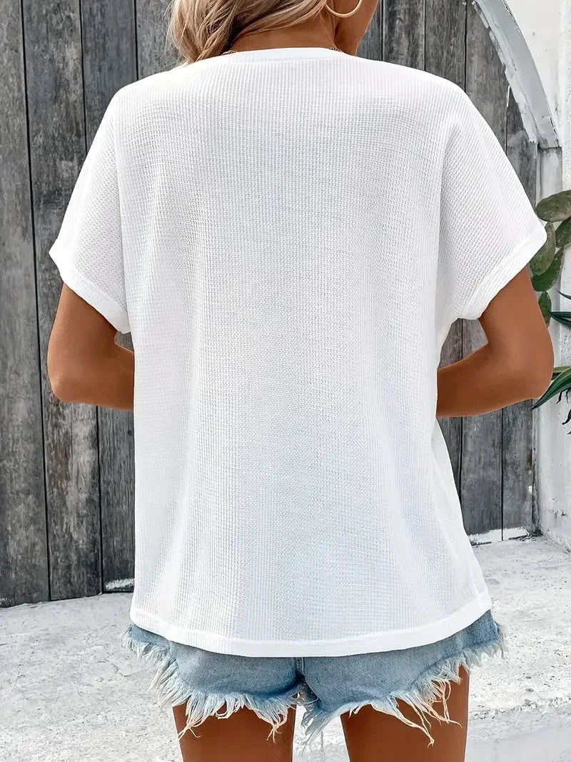 Europe and America large solid color short sleeve T-shirt women summer new loose V-neck casual all-matching three-point sleeve b Solmar
