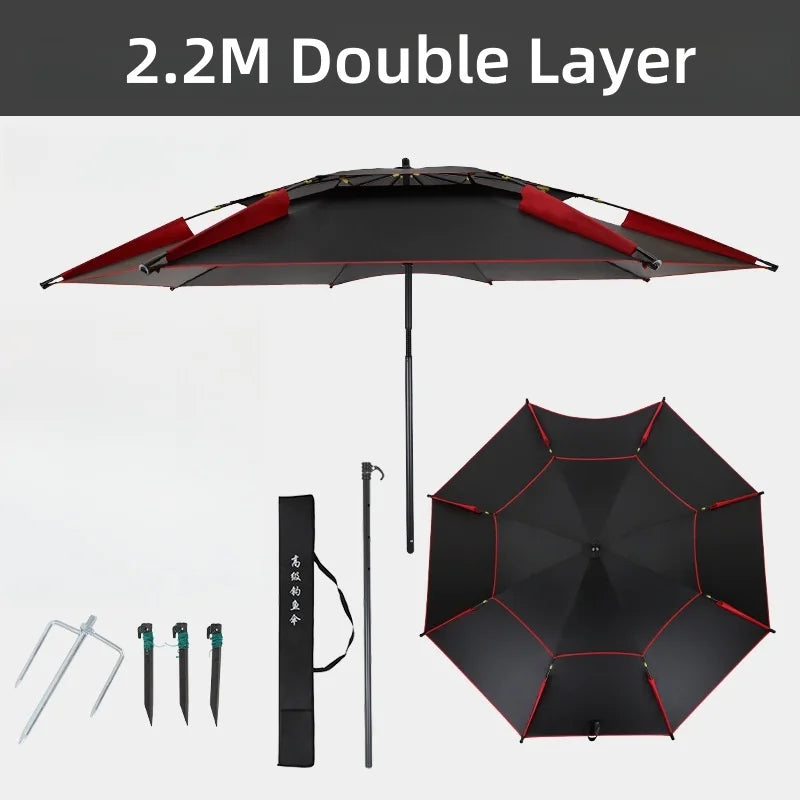 2.2M Double-Layer Fold Parasol Fishing Rod Fishing Umbrella Outdoor Camping Beach Parasol Windproof Umbrella Shade Fishing tools Solmar