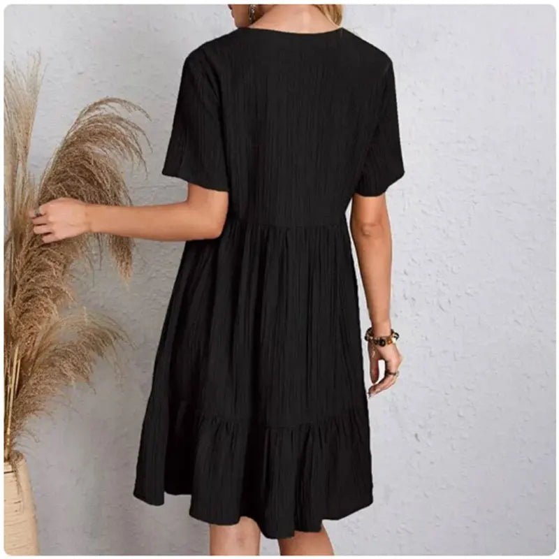 Women Summer Peplum Dresses Spring V-Neck Short Sleeve Loose Waist Ruffle Fit Flare Vocation Dresses Solmar