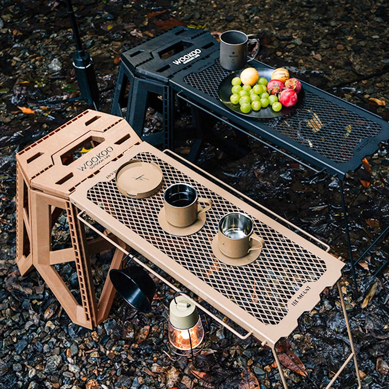 Outdoor Multifunctional Folding Table And Stool Set, Grid Barbecue Table Side Hanging Table Camping Portable Iron Storage Rack Solmar