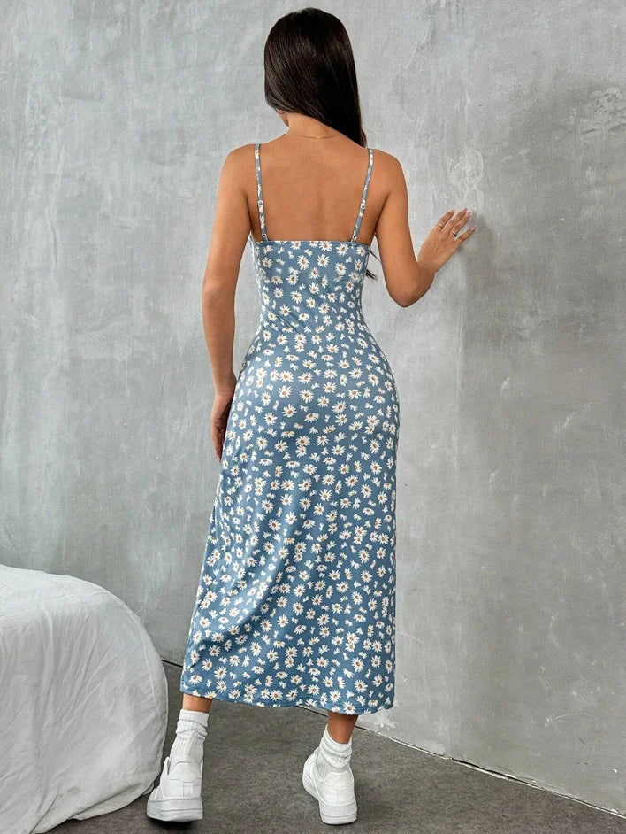 Fall 2025 Long Dress Strapless Wrap Chest High Slit Daisy Leopard Print Wrap around Skirt Maxi Dress Solmar