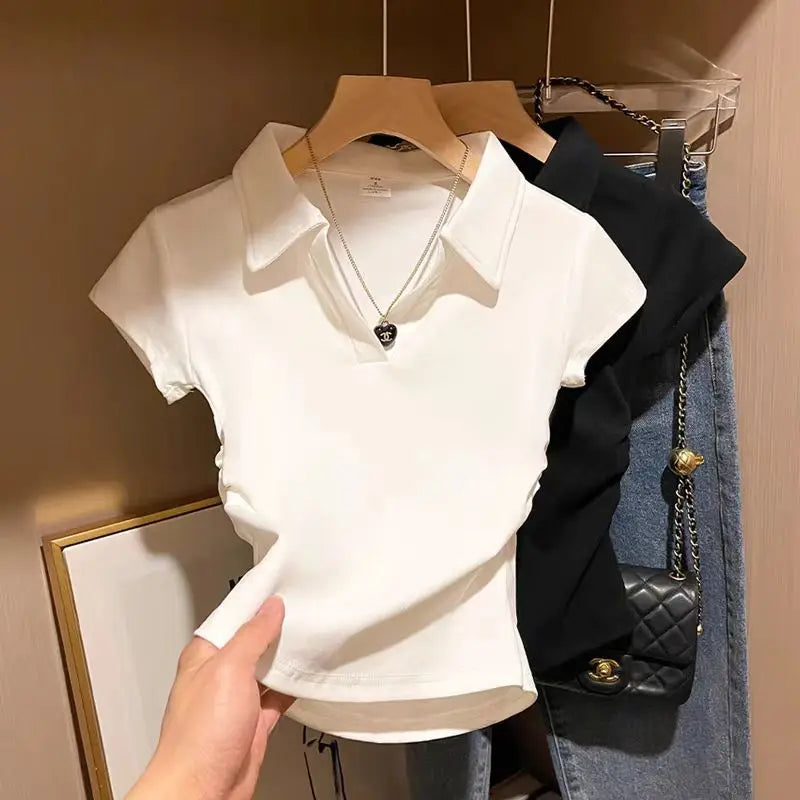 Cotton Summer Sexy Women's T Shirt Skinny Slim Basic Solid Crop Top Short Sleeve Polo TShirtCasual Top Tee for Women Solmar