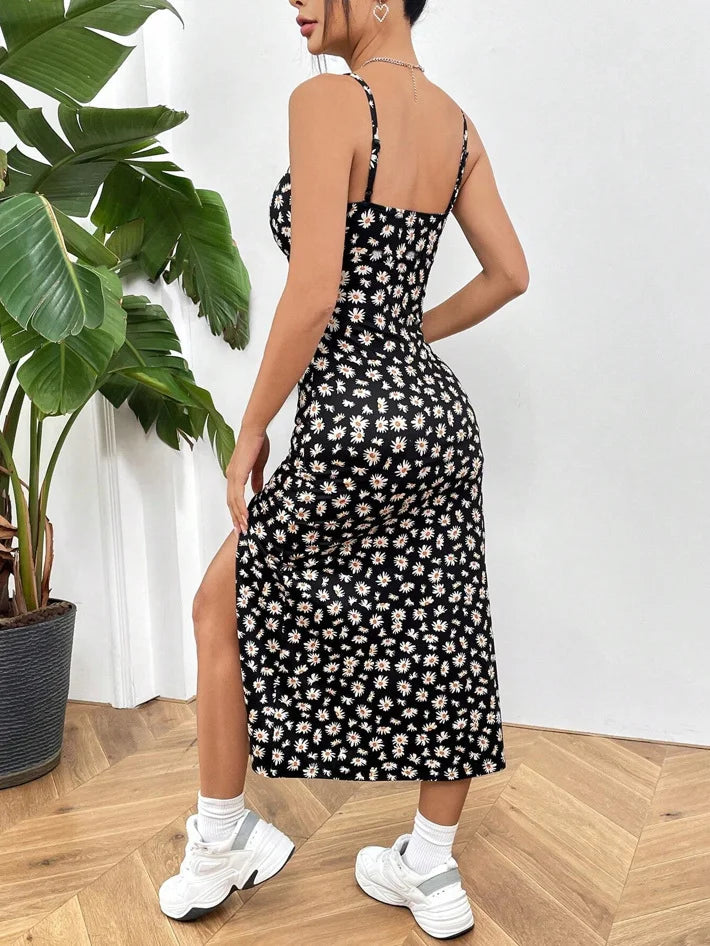 Fall 2025 Long Dress Strapless Wrap Chest High Slit Daisy Leopard Print Wrap around Skirt Maxi Dress Solmar