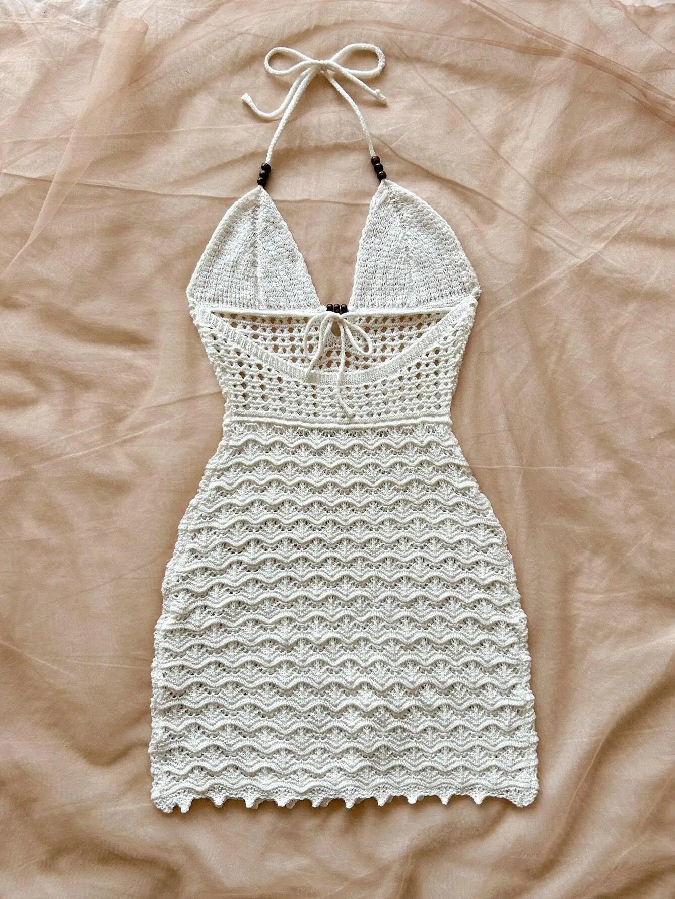 Women's V-Neck Strapless Dress, Hollow Out, Wooden Bead, Slim Fit, Gradient Color, Knitted, Sexy, Vacation Wear Solmar