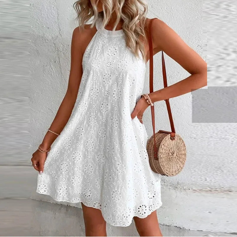 Summer Mini Dress Women Sleeveless O Neck Jacquard Design Casual Beach Holiday Dresses For Women Party Dress White Solmar