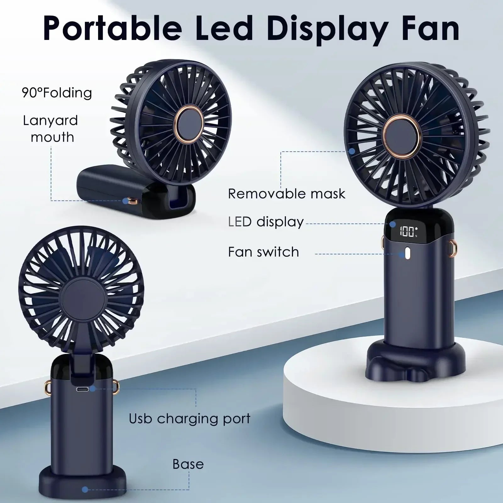 5000mAh Portable Fan Rechargeable 90° Foldable 5 Speed Mini Air Conditioner Small Fan Air Cooler with LED Digital Display Solmar