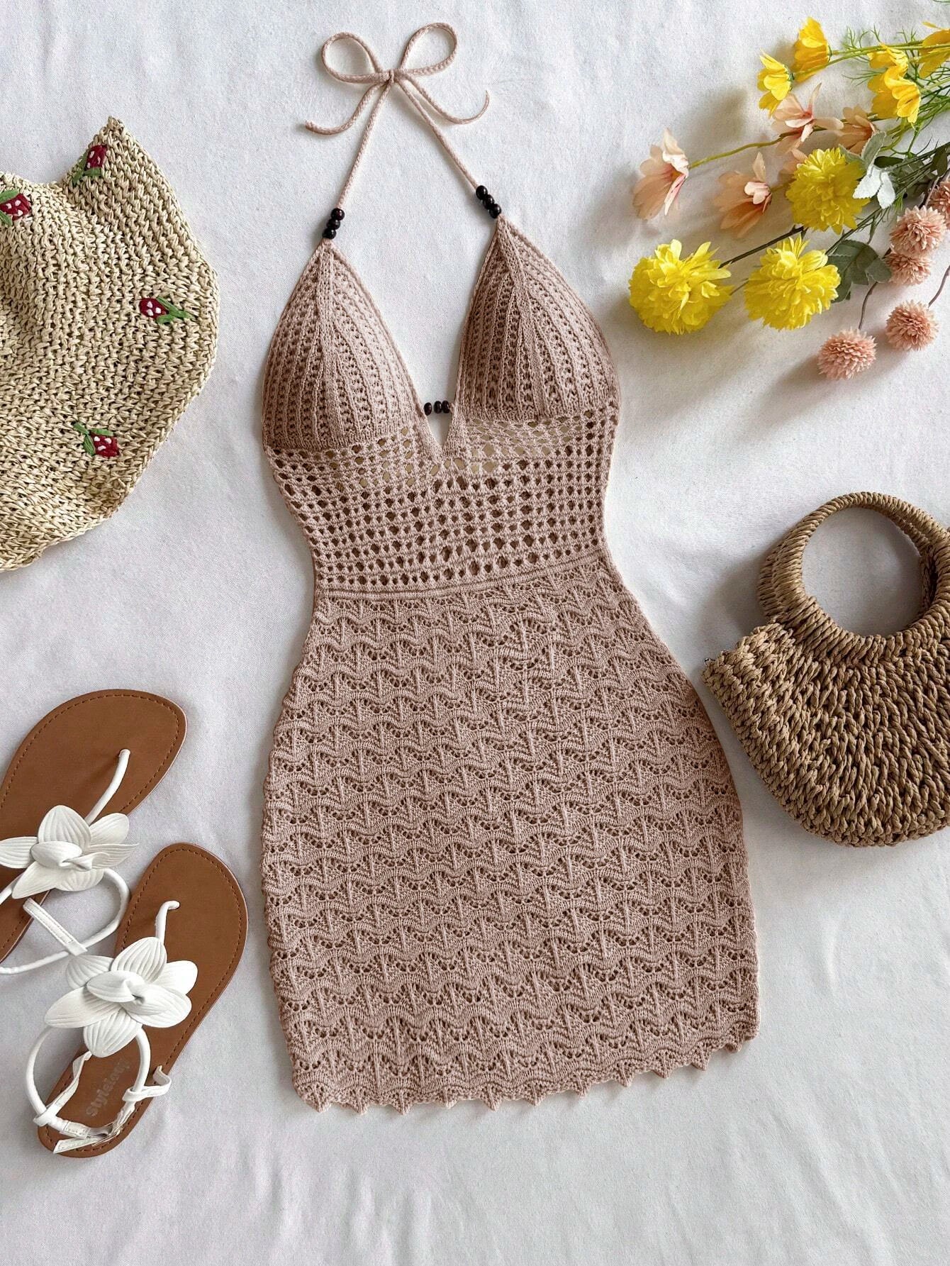 Women's V-Neck Strapless Dress, Hollow Out, Wooden Bead, Slim Fit, Gradient Color, Knitted, Sexy, Vacation Wear Solmar