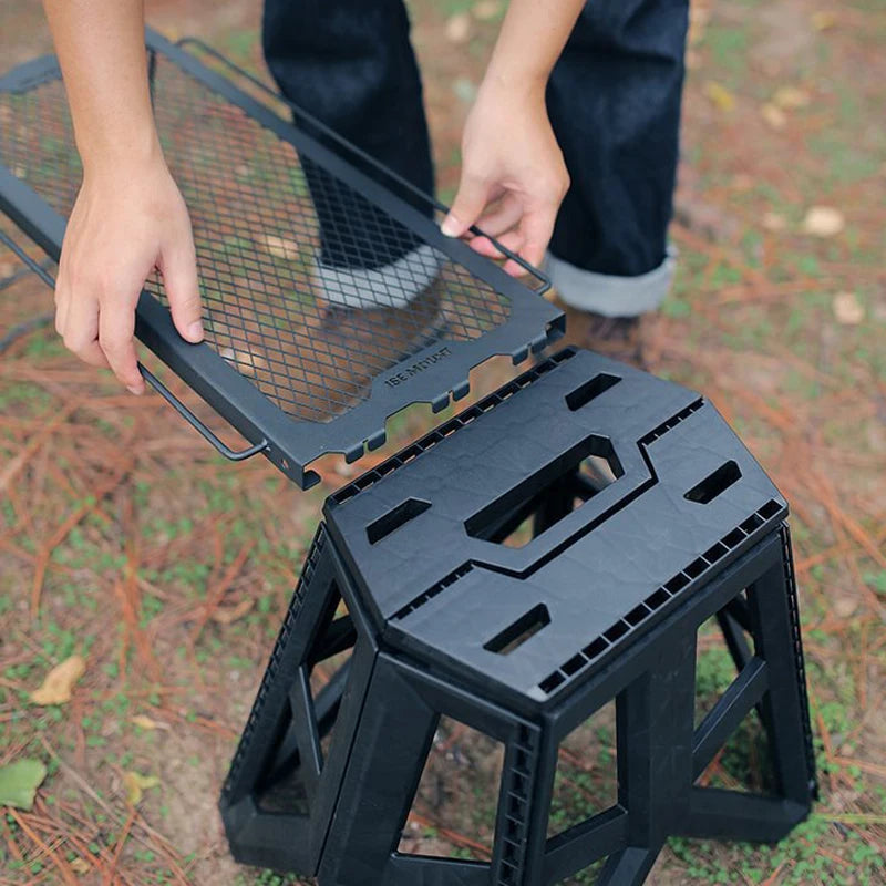 Outdoor Multifunctional Folding Table And Stool Set, Grid Barbecue Table Side Hanging Table Camping Portable Iron Storage Rack Solmar
