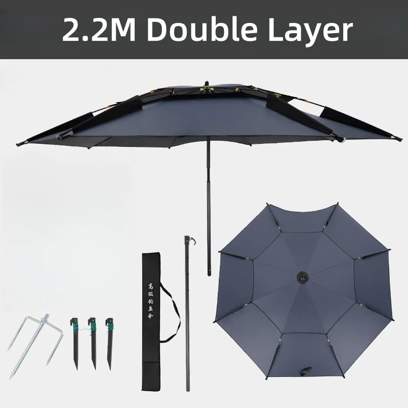 2.2M Double-Layer Fold Parasol Fishing Rod Fishing Umbrella Outdoor Camping Beach Parasol Windproof Umbrella Shade Fishing tools Solmar