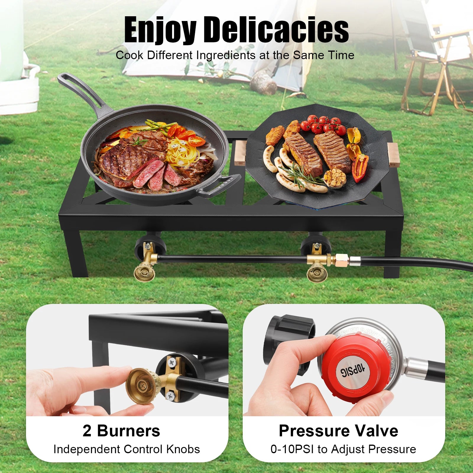 8000W Portable Double Burner Outdoor Gas Stove Propane Cooker with Adjustable 0-10Psi Regulator Hose for Patio Camping, BBQ Solmar