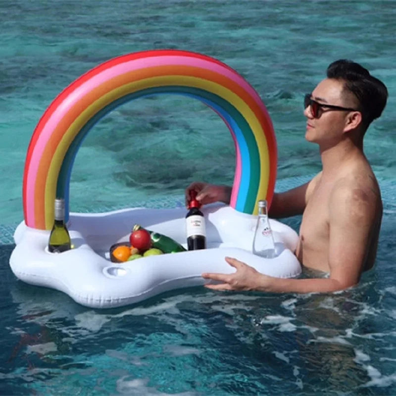 Summer Rainbow Inflatable Toys Beer Drinking Cooler Table Bar Tray Beach Swimming Pool Party Float Inflatable Ring Water Toy Solmar