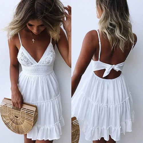 Sexy Lace Dresses Women Spaghetti Strap White Dress Summer Beach Mini Party Dress A-line V-neck Bohe Open Back Pleated Dress Solmar