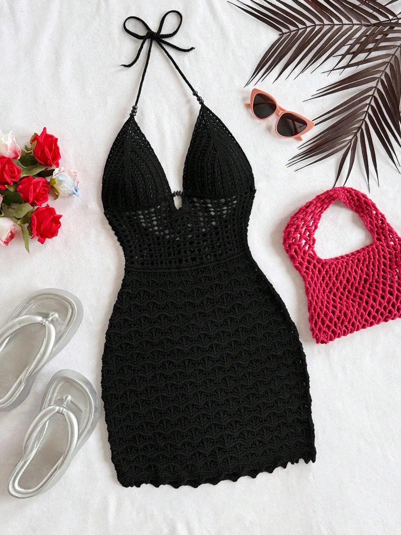 Women's V-Neck Strapless Dress, Hollow Out, Wooden Bead, Slim Fit, Gradient Color, Knitted, Sexy, Vacation Wear Solmar
